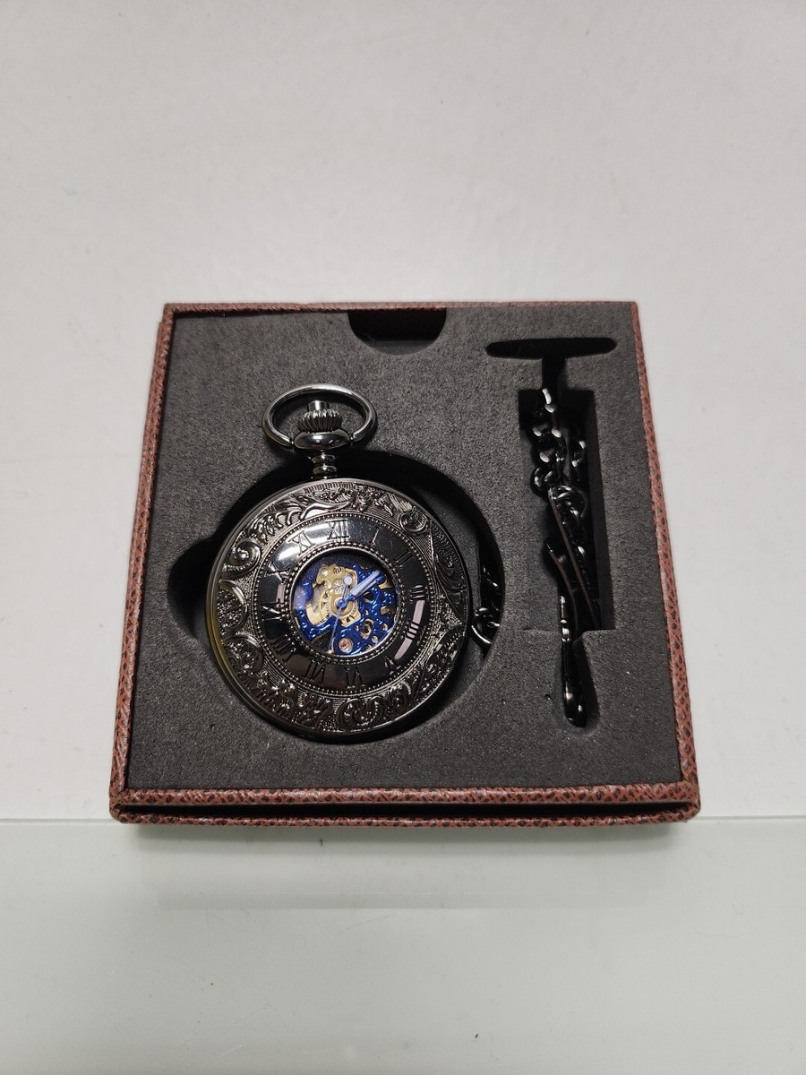 ManChDa Black Mechanical Roman Numeral Skeleton Pocket Watch A1