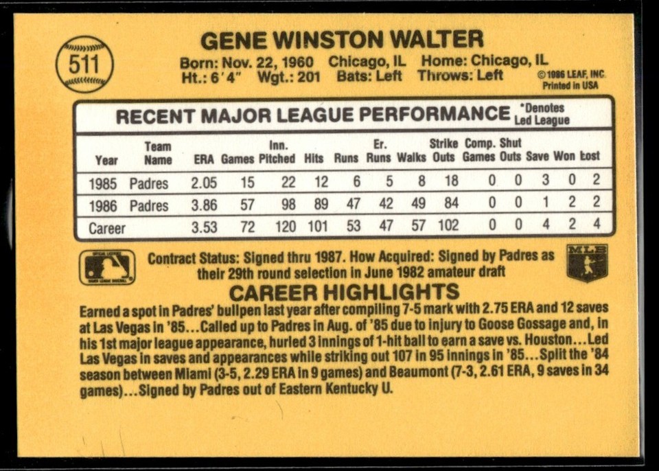 1987 Donruss 511 Gene Walter San Diego Padres eBay