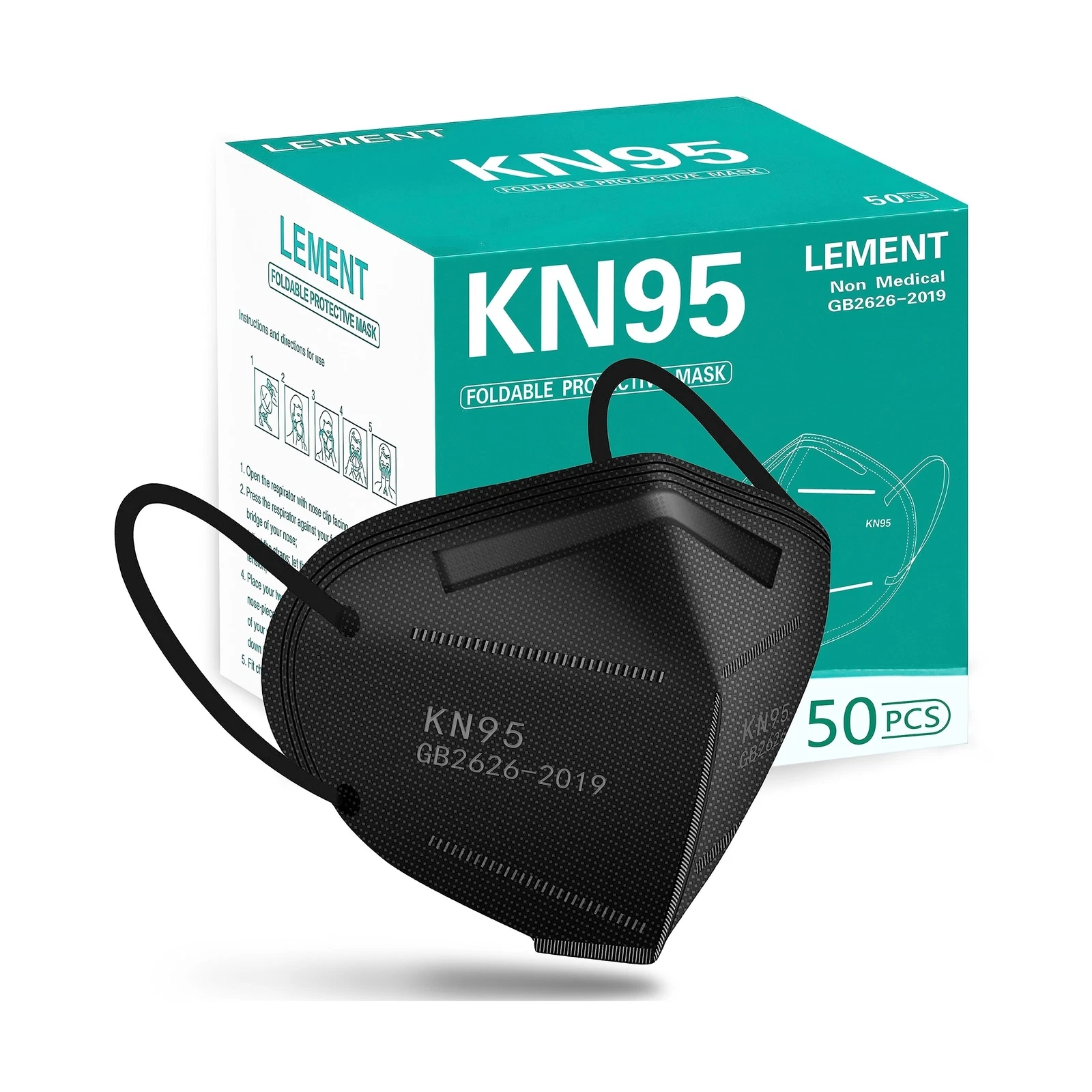 LEMENT 50pcs KN95 Face Mask Black 5 Layer Cup Dust Safety Masks Filter Effici...