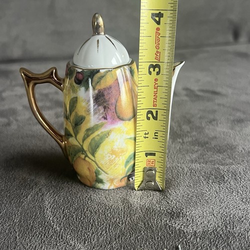 Miniature Porcelain Child's Doll Tea Pot Plate Tray Set Fruit Pattern Gold Trim - Picture 8 of 21