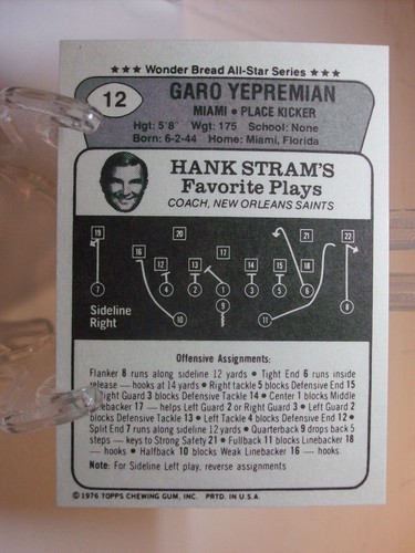 1976 Topps Wonder Bread Football Card #12 Garo Yepremian (10772) - Picture 2 of 2