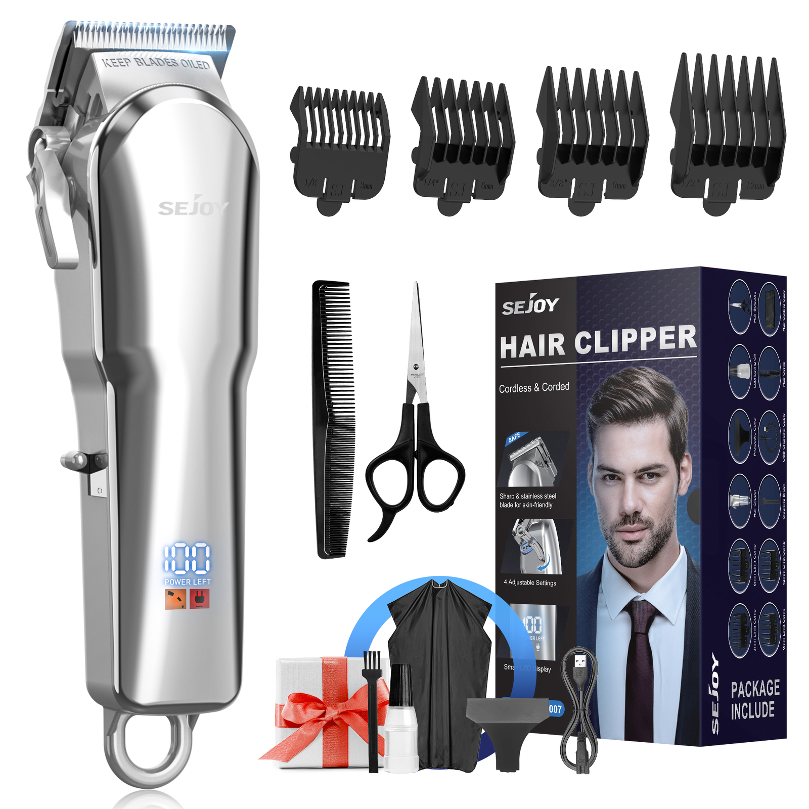 Sejoy Cordless Hair Clipper & Beard Trimmer Kit for Men - Professional Barber Haircutting Set