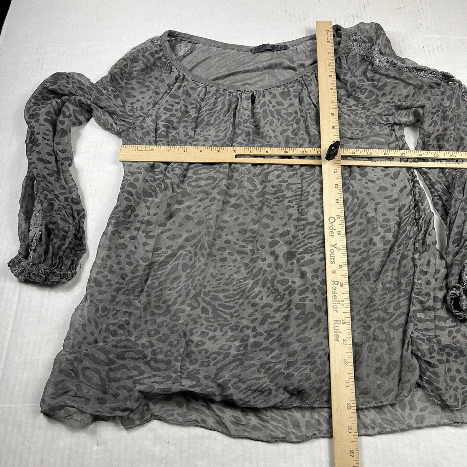 Blusa campesina Tempo Paris para mujer mezcla de seda estampado gris manga larga GRANDE Foto 4 de 4