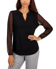 Kasper Women's Petite Lace Sleeve Split Neck Solid Top, Black Sz-PM