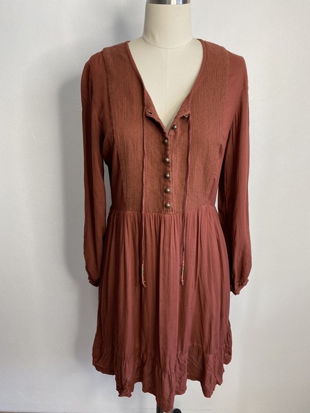 Rowie Size S Burnt Red Burgundy Bell Long Sleeve Mini Shirt Dress Cotton Button