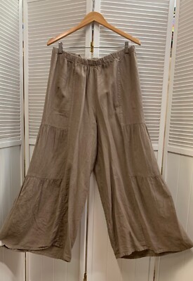 LP144 Mocha Large NWT Match Point Linen Pants Cha Wide Flax Flood Tier Brown