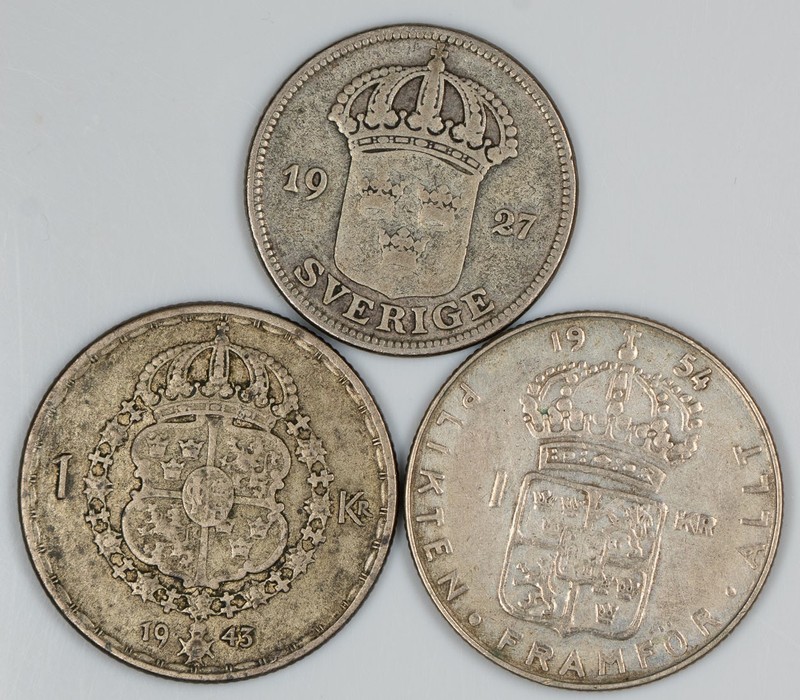x3 1927-W 50 Ore 1943-G 1 Krona 1954-TS 1 Krona Sweden Silver Coins ASW .276