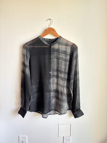 EILEEN FISHER Gray Graphite Silk Georgette Mandarin Collar Blouse Top S/P