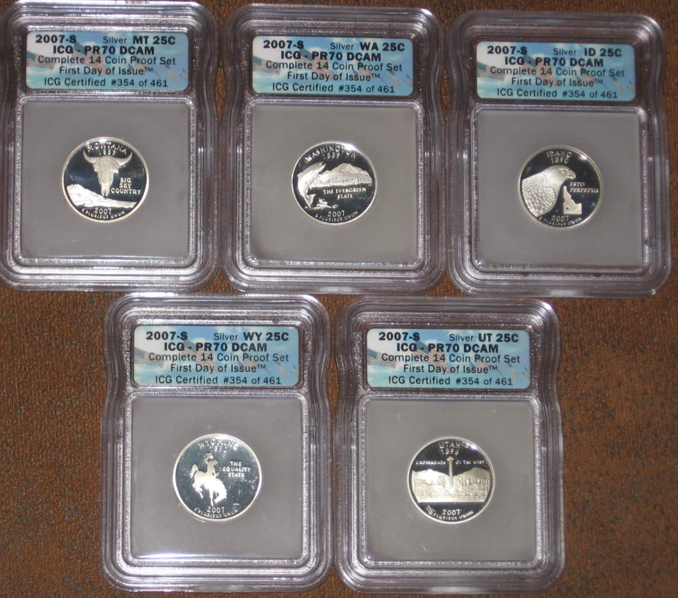 2007 S Silver Proof Quarter set ICG Grade PR70 DCAM PF First Day Issue WA WY Lot - Image 3 of 4