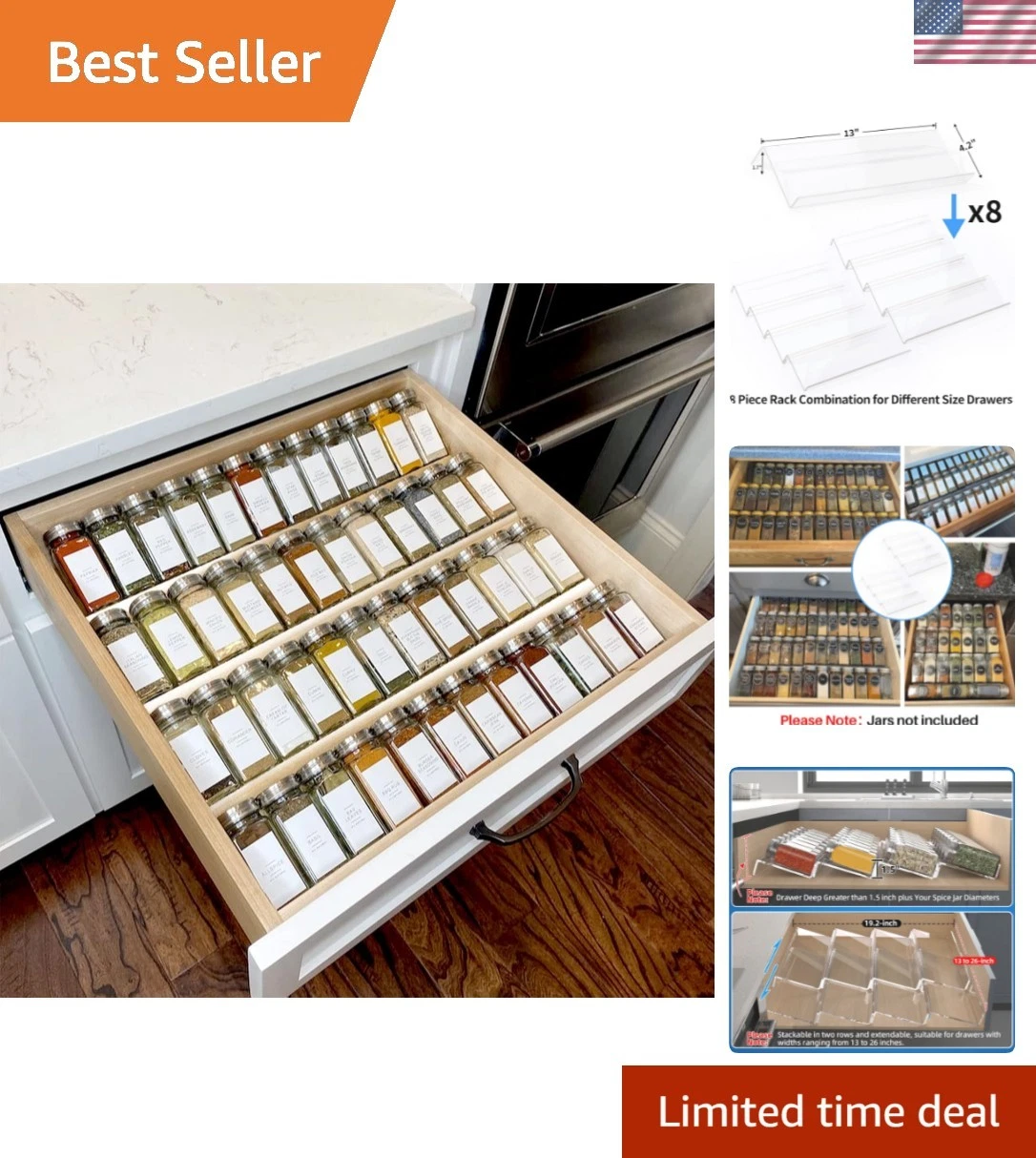 Clear Acrylic Spice Drawer Organizer, 4 Tier- 2 Set Expandable From 13" to 26...