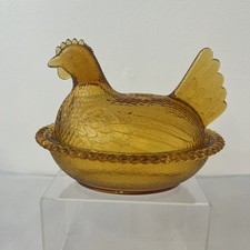Vintage Indiana Glass Amber Hen on Nest Beaded Edge, Stippled Base Vtg Decor