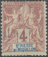 ST. PIERRE UND MIQUELON 1892, Kolonialallegorie 4 C. ungebrauchte ABART