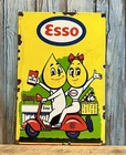 Vintage ESSO Motor Oil Drop Boy Girl on Scooter Porcelain Metal Gas Sign