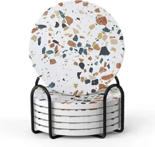 Absorbent Drink Coasters with Holder, Set of 6 Ceramic Coasters Set with Cork Ba