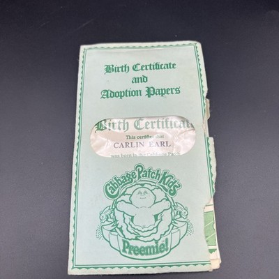 Vintage Cabbage Patch Kids Birth Certificate Adoption Papers - Carlin Earl