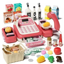 49PCS Pretend Play Cash Register Toy Set for Kids with Real Calculator