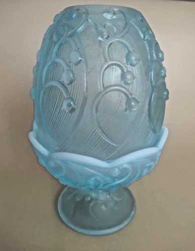 Vintage FENTON Art Glass Blue Opalescent fairy lamp 7" Tall Lily of the valley