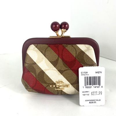 New Coach Nora Coin Purse Kisslock Wallet Stripe Khaki Red Framed 