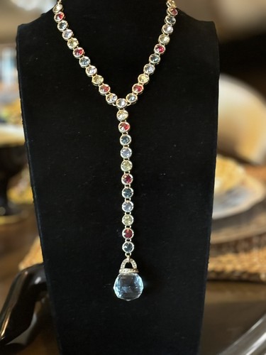 VINT NECKLACE 18”- 25” WITH 8” PENDANT FAUCETED CRYSTAL BALL COLORED RHINESTONE - Picture 6 of 8