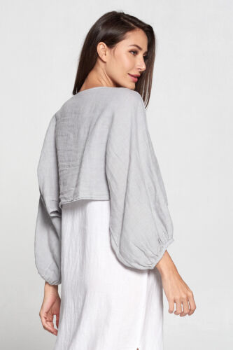 HLT570 Mocha Medium NWT Match Point Linen Shirt Blouse Bolero Elastic NEW Flax - Picture 4 of 6