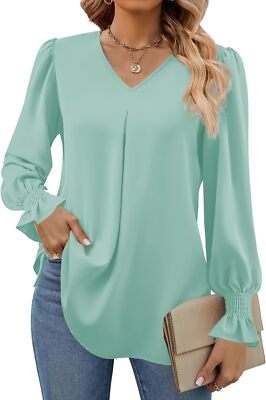 #ad Women#x27;s Long Sleeve Tops Dressy Casual V Neck Tunic Shirts Loose Chiffon Blouse $18.99