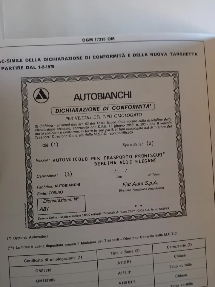 AUTOBIANCHI A112 B1 ELEGANT Scheda omologazione originale 1977 Agg.to 1979 ASI - Immagine 3 di 3