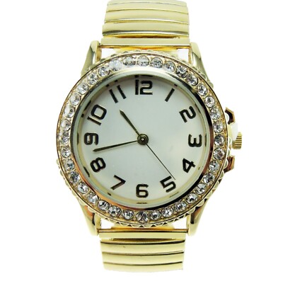 Gold Stretch Band Watch Crystal Bezel White Dial Easy Read Numbers