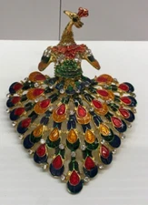Colorful PEACOCK Enamel Trinket Box Jeweled Rhinestones 5" Hinged Lid