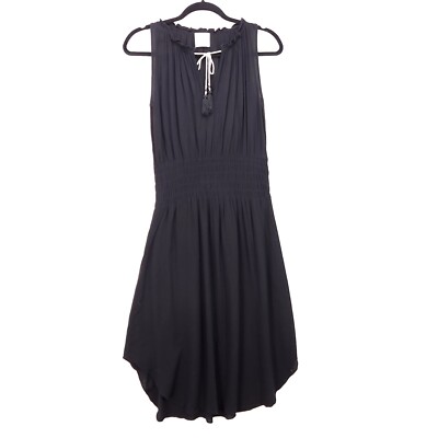 Misa Los Angeles Asymmetric Pleated Midi Dress Size Small Neck Tie Smocked Black