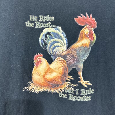 Vintage He Rules The Roost I Rule The Rooster T-shirt Large Black Farm Humor Y2K