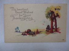VINTAGE THANKSGIVING POSTCARD A FAMILY OF TURKEYS IN A FIELD UNMAILED