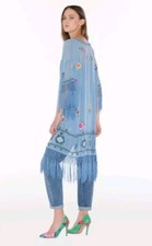 Twinset Simona Barbiere Blue Embroidered Fringe Jacket Beach Cover Up Small 8 10