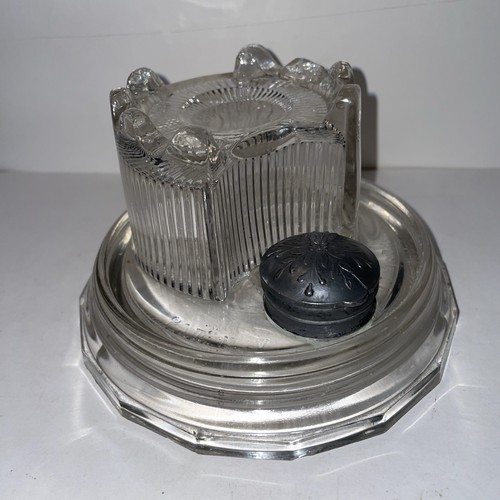 Antique CROWN 1871 Glass Ink Well Dipping Fountain Pen Glass Desk Well  & Rest
