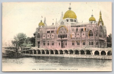 Vintage Paris Exposition Pavillon de l'Italie Postcard with Gold Domes B274