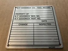 Vintage B.F. GOODRICH Tire Co Aluminum Metal Sign Tag TOOL RECORD Akron OH #6