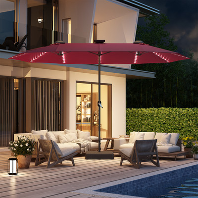 15ft Double-Sided Patio Umbrella with Solar LED Lights Base Crank Outdoor Market