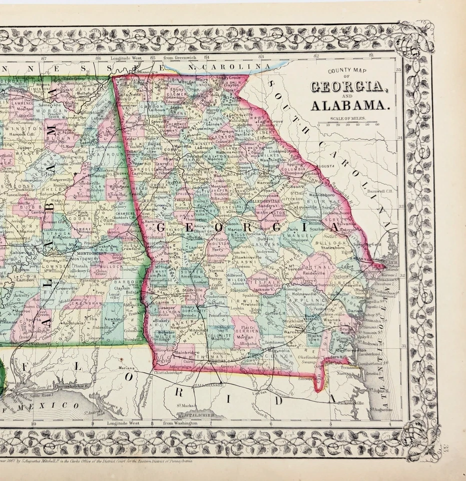 1869 ALABAMA - GEORGIA  Map  ORIGINAL Mobile - Savannah - Atlanta (13.25x11) - Image 3 of 4