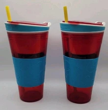Snackeez Snack & Drink Cups Set of 2 | Red Blue | Dual Compartment Cups with Lid
