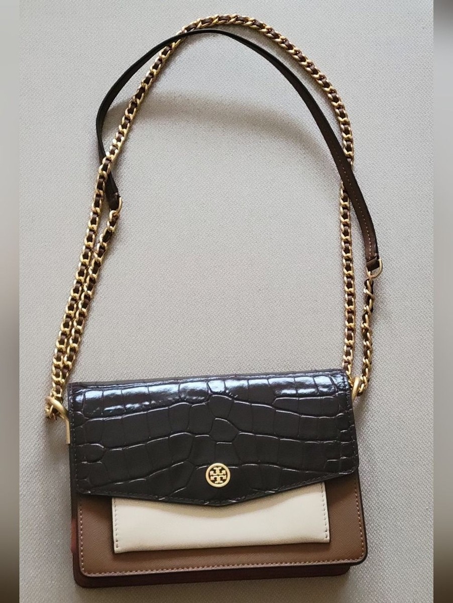 Tory Burch Robinson Embossed Color Block Mini Shoulder Bag in Pumpernickel cream View 2