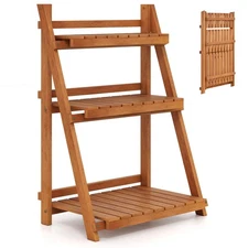 3-Tier Wood Plant Stand, Folding Flower Rack w/Ladder Design Anti-falling Bars