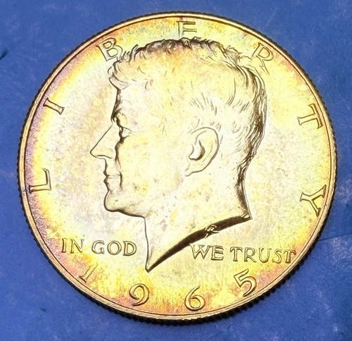 1965 P 50C Kennedy Silver Half Dollar UNC Gold Toned Nice Color Toning You Grade