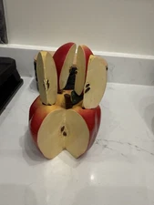 Vintage Ceramic Apple Cheese Knife Set - 4 Stainless Knives And Apple Holder