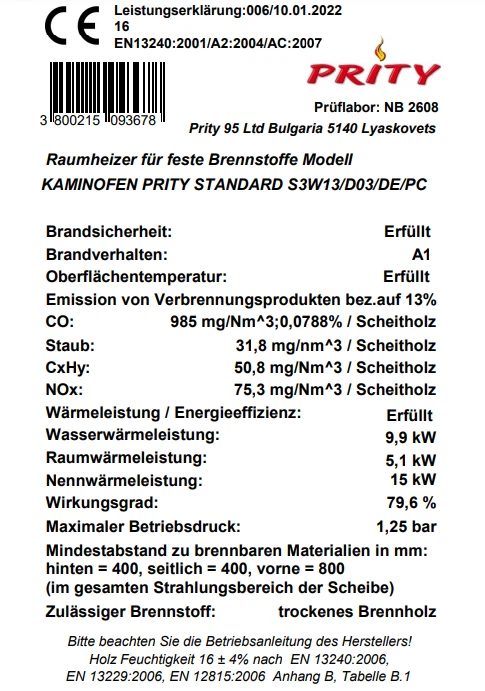 PRITY S3 W13 Wasserführender Kaminofen 5+10kW BImSchV 2 konform - Bild 3 von 4