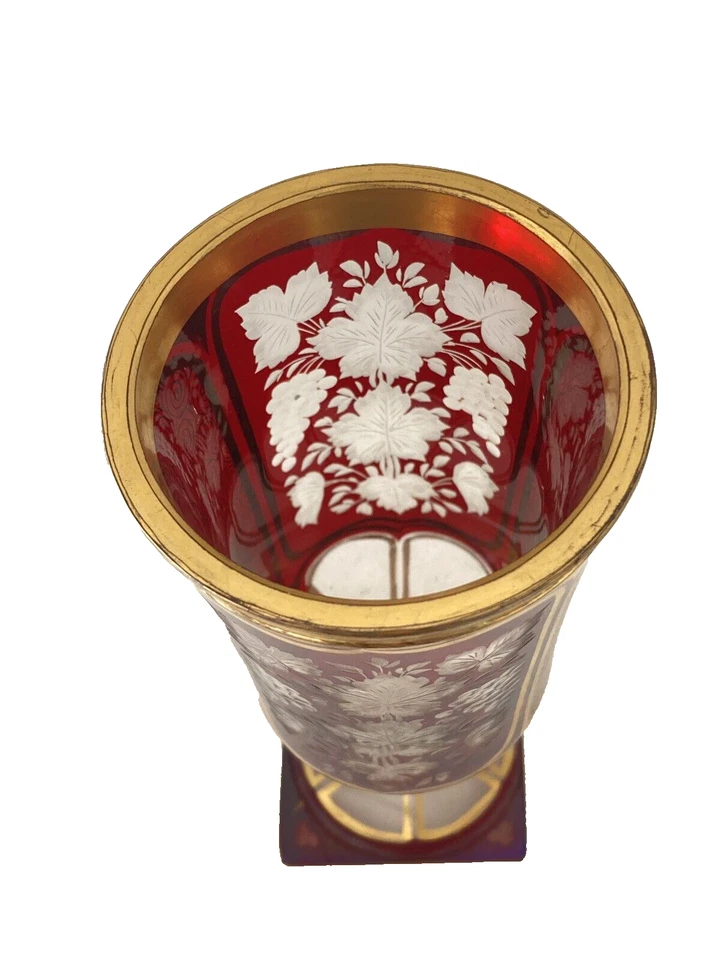 VERRE À PIED EN CRISTAL - DÉCOR DE VIGNES - VERRE ROUGE RUBIS ART-NOUVEAU - Photo 4/4