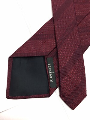 Authentic TRUSSARDI  Striped word Brand Design On Maroon 100%Silk Necktie Tie