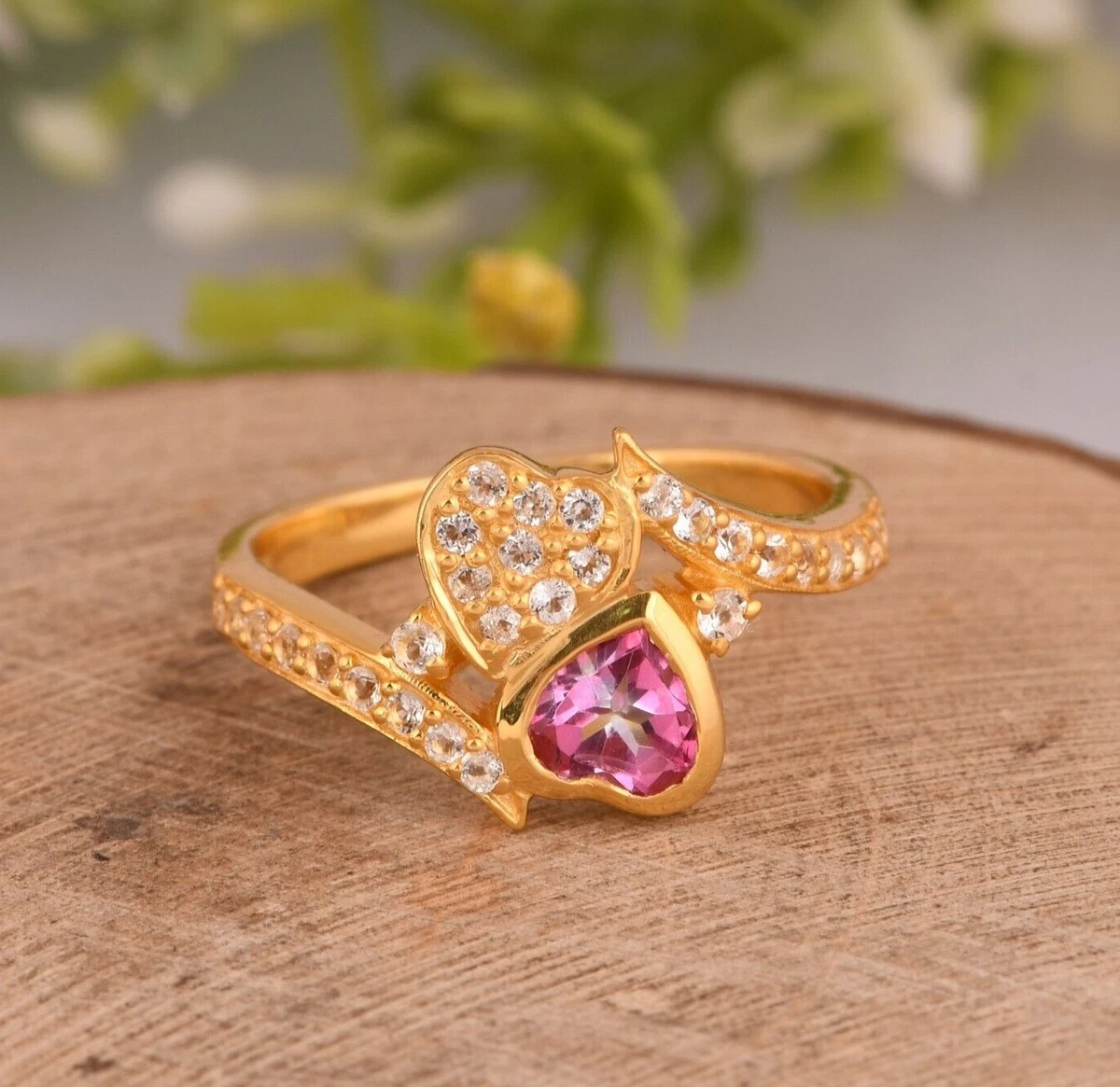 Double Heart Pure 14k Gold Ring With Pink White Topaz Engagement