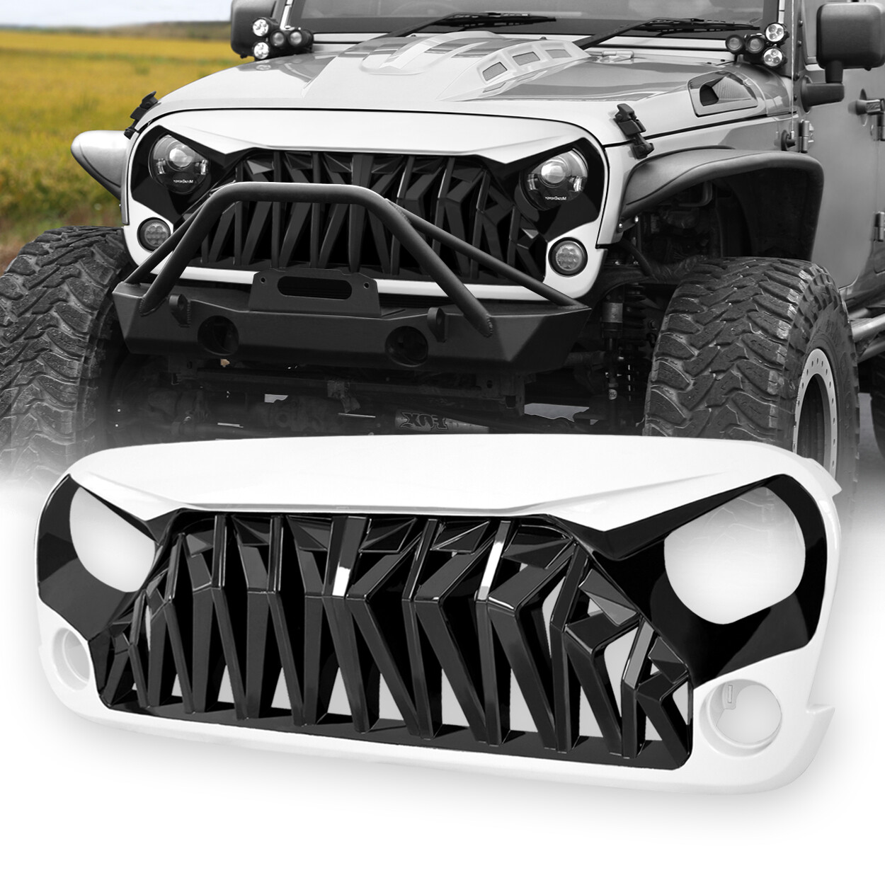 Black & White Shark Grille Front Bumper Grill For 2007-2018 Jeep Wrangler JK JKU