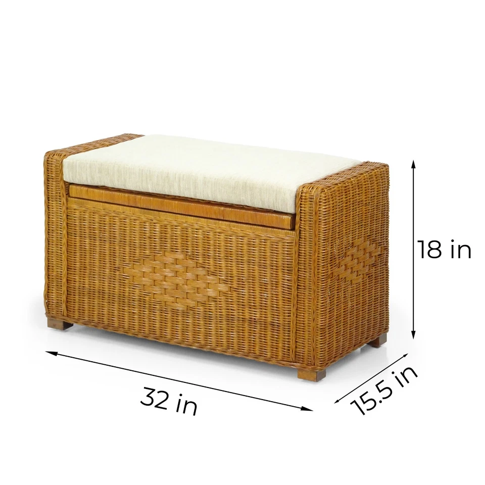 Bruno Handmade 32" Rattan Wicker Chest Storage Trunk Organizer Ottoman w/Cushion - Image 4 of 4
