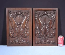 Pair of Vintage French Solid Beech Wood Highly Carved Panels with Griffins