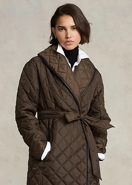 $698 Abrigo POLO Ralph Lauren Cuello Chal Cuero Borde Para Mujer Talla X Marrón Foto 4 de 4